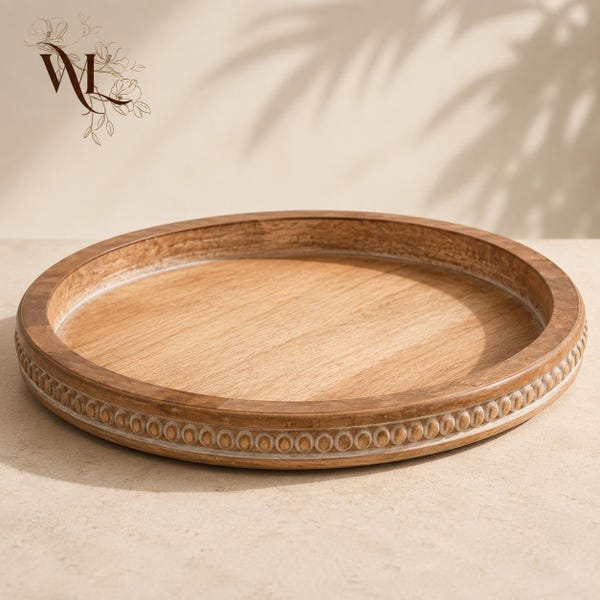 Round Wood Serving Tray, Decorative Carved Border, Rustic Boho Coffee Table Decor