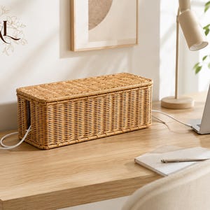 May include: A rectangular cable management box crafted from light brown woven rattan. The box features a removable lid and side openings for white power cords to pass through, designed to conceal electrical cables and power strips on a desk.
