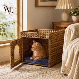 May include: A square, woven rattan pet house with a hinged door featuring an arched opening. Inside, an orange tabby cat rests on a dark blue textured cushion. The structure has a small, circular white emblem on the front upper right corner.