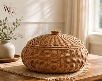 Panier de rangement en rotin tressé à la main avec couvercle, organisateur bohème en osier, récipient pour thé et fruits