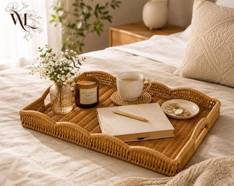 Vassoio da portata in rattan intrecciato a mano, cestino per la colazione in vimini in stile boho, decorazione per tavolino da caffè