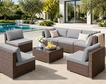 Conjunto de muebles de patio de ratán sintético de 7 piezas, sofá seccional con mesa de centro de cristal.