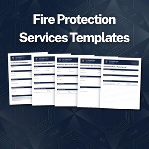 Puede incluir: Un conjunto de cinco plantillas de papel blanco para servicios de protección contra incendios, con encabezados y texto en azul oscuro. Los documentos se titulan Certificate of Compliance, Service Completion Report, Deficiency & Corrective Action, Fire Protection Service Estimate y Hydrostatic Test & Recharge Log.