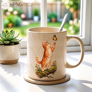 Motif PNG pour sublimation : chat tigré orange et papillon, illustration aquarelle de chaton roux style cottagecore, téléchargement numérique instantané.