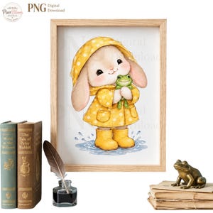 Watercolor Bunny Raincoat PNG Clipart Sublimation Design, Baby Bunny Frog Instant Download, Rainy Day Nursery Art