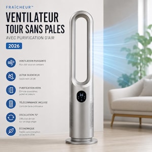 May include: A silver tower fan with a bladeless design and an integrated air purifier. The unit features a digital display showing 88, a circular base, and side vents. Text on the left lists features including powerful ventilation and HEPA purification.