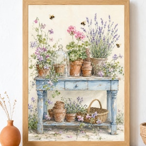 Décoration murale « Bourdons » pour jardin | Illustration botanique en pot de terre cuite | Décoration Grandmillennial | Téléchargement numérique