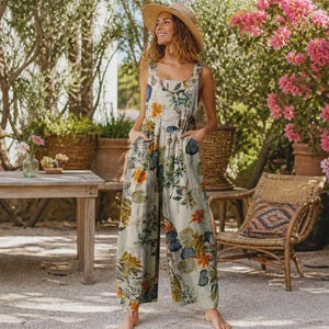 Women's Floral Wide Leg Jumpsuit, Square Neck Cotton Linen Romper with Pockets, Sleeveless Overalls