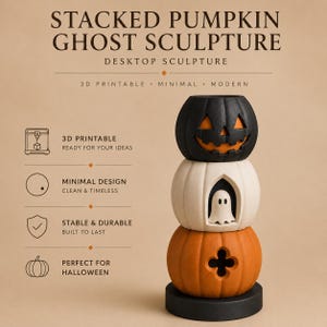 May include: A stacked pumpkin ghost sculpture featuring a black jack-o'-lantern on top, a white pumpkin with a ghost cutout in the middle, and an orange pumpkin with a clover-shaped cutout on the bottom, all resting on a black circular base.