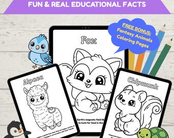 Mega Libro da colorare di animali in PDF / 106 pagine da colorare stampabili con curiosità divertenti / Attività educative per adulti e bambini / Download digitale