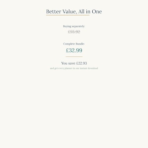 May include: A digital graphic displaying the text Better Value, All in One, Buying separately &pound;55.92, Complete Bundle &pound;32.99, You save &pound;22.93 and get every planner in one instant download, with the text THE CARE COMPASS at the bottom.