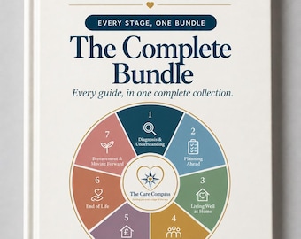 Może przedstawiać: Biała okładka książki z tytułem The Care Compass, Navigating Later-Life Care Together. Zawiera okrągły diagram podzielony na siedem ponumerowanych sekcji z ikonami, przedstawiającymi etapy od diagnozy po żałobę, oraz adres strony internetowej.