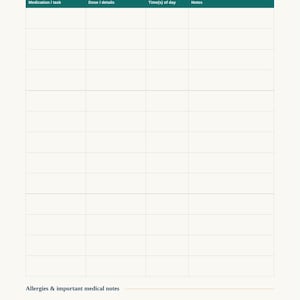 May include: A Medication & Care Schedule planner page with a dark teal header row containing columns for Medication/task, Dose/details, Time(s) of day, and Notes. Below the grid, a section for Allergies & important medical notes is provided.