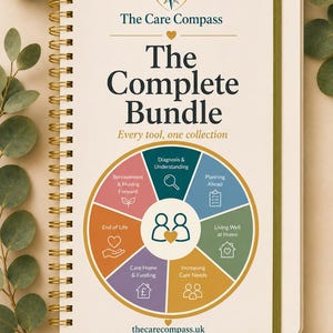May include: A spiral-bound planner titled The Care Compass The Complete Bundle with a circular diagram featuring sections for diagnosis, planning, living well, care needs, funding, and end of life. The cover includes the text thecarecompass.uk.