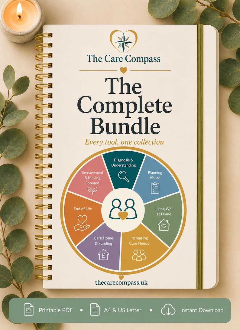 May include: A spiral-bound planner titled The Care Compass The Complete Bundle with a circular diagram featuring sections for diagnosis, planning, living well, care needs, funding, and end of life. The cover includes the text thecarecompass.uk.