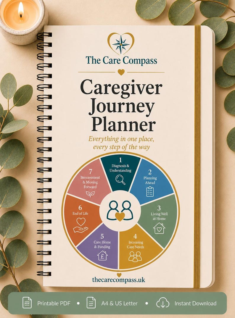 May include: A spiral-bound Caregiver Journey Planner with a cream cover. The cover features the title The Care Compass, a circular diagram with seven numbered sections, and the text Everything in one place, every step of the way. The bottom includes thecarecompass.uk.