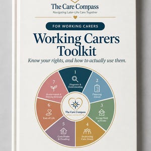 May include: A white book titled The Care Compass Working Carers Toolkit for Working Carers. The cover features a circular diagram with seven numbered sections covering topics like diagnosis, planning, living well, and funding, with a website at the bottom.