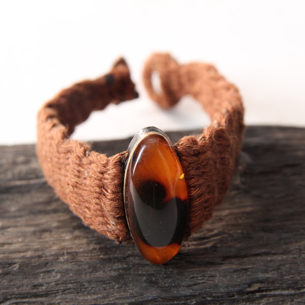 Amber and bog oak with linen bracelet