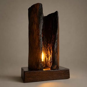 May include: A vertical table lamp crafted from a piece of dark, charred wood with a rough, textured bark exterior. The wood is split down the center, revealing a hollow interior illuminated by a warm, glowing light source mounted on a base.