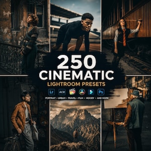 以下が含まれることがあります： 250 Cinematic Lightroom Presetsを表示するデジタル製品ディスプレイ。テキストオーバーレイと、ポートレート、アスリート、山岳風景、アーティストを含む6つの異なる写真例、およびLr、ACR、Psのソフトウェアアイコンが配置されています。