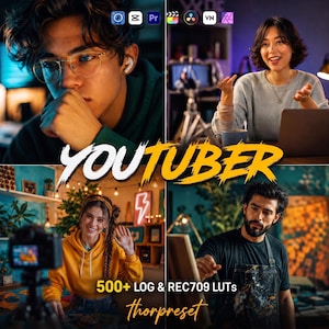 May include: A digital graphic featuring the text YOUTUBER and 500+ LOG & REC709 LUTs thorpreset, displaying four distinct scenes of individuals engaged in video production, editing, and creative work with various software icons visible.