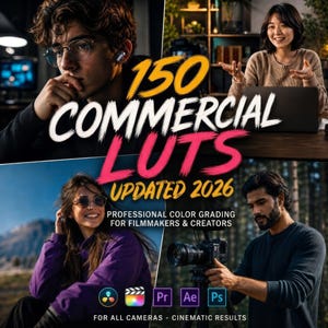 Puede incluir: Un gráfico digital con el texto 150 COMMERCIAL LUTS UPDATED 2026 PROFESSIONAL COLOR GRADING FOR FILMMAKERS & CREATORS FOR ALL CAMERAS - CINEMATIC RESULTS junto a iconos de DaVinci Resolve, Final Cut, Premiere, After Effects y Photoshop.