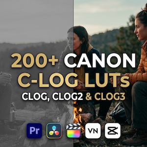 May include: A digital product graphic featuring the text 200+ CANON C-LOG LUTS CLOG, CLOG2 & CLOG3 in gold and white. Below the text are five software icons for Premiere Pro, DaVinci Resolve, Final Cut Pro, VN, and CapCut. The background shows a split-tone image of people sitting by a campfire.