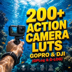 May include: A black action camera held in a hand against an underwater background with yellow text that reads 200+ ACTION CAMERA LUTS GOPRO & DJI (GPLog & D-LOG) and four small icons representing premium luts, video, camera, and download.