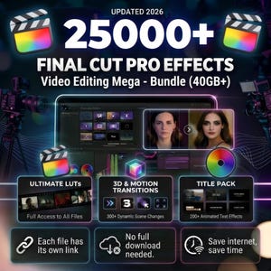 May include: A digital product bundle featuring 25000+ Final Cut Pro effects, including Ultimate LUTs, 3D and motion transitions, and a title pack with 200+ animated text effects. The graphic displays a 40GB+ file size and updated 2026 branding.
