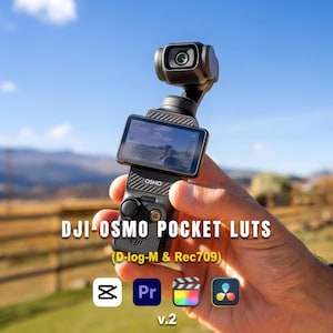 May include: A black DJI Osmo Pocket camera featuring a gimbal-mounted lens and a rectangular display screen. The device displays the text DJI-OSMO POCKET LUTS (D-log-M & Rec709) and v.2, along with four software icons for video editing applications.