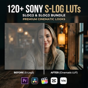 以下が含まれることがあります： 120+ SONY S-LOG LUTS, SLOG2 & SLOG3 BUNDLE, PREMIUM CINEMATIC LOOKSと書かれたデジタル製品表示。分割画面の比較では、BEFORE (S-Log3)とラベル付けされたフラットで彩度の低い画像と、AFTER (Cinematic LUT)とラベル付けされた鮮やかなカラーグレーディング画像が表示されています。
