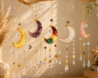Crescent Moon Crystal Suncatcher, Sun Catcher Window Decor, Rainbow Maker Prism, Boho Moon Wall Hanging, Gift For Her, Home Decor