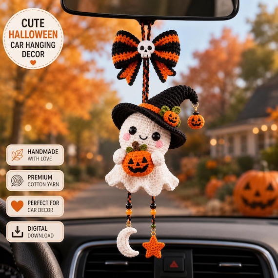 Handmade Crochet Ghost Car Charm, Witch Hat, Pumpkin Lantern, Moon Star Charms (Halloween Decor)