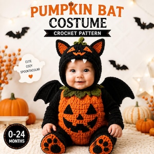 May include: A crochet pattern for a pumpkin bat costume featuring a black hood with orange ears and white fangs, an orange pumpkin-shaped body with a jack-o'-lantern face, black bat wings, and black paw-print feet. Text reads PUMPKIN BAT COSTUME.