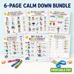 May include: A 6-page calm down bundle featuring printable PDF sensory cards, support boards, and charts with colorful illustrations and text. Includes three crayons and blue-handled scissors on a surface with two small wooden star shapes.
