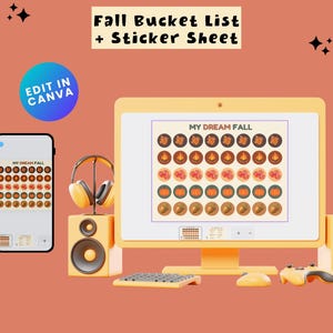 May include: A digital Fall Bucket List and sticker sheet design displayed on a yellow computer monitor and a smartphone screen. The graphic features rows of circular icons including leaves, campfires, apples, pumpkins, and acorns with the text My Dream Fall.