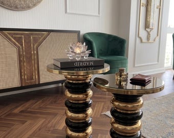 Luxury Gold and Black Side Table Set of 2, Modern Round End Tables, Art Deco Living Room Coffee Table, Elegant Home Decor, Unique Gift