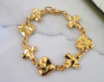 Gold Plated Cross Heart Bracelet • Vintage Deadstock • 18k • Gift for Her • Statement Charm Love • 80s 90s Retro •