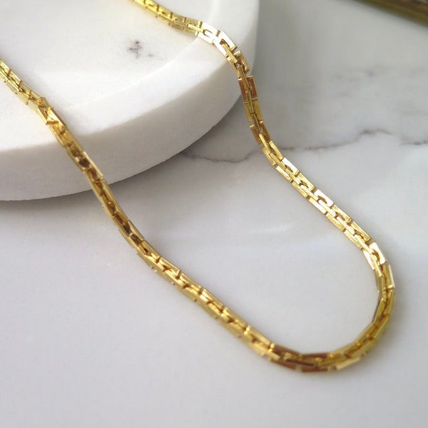 Gold Plated Box Chain Necklace • Vintage Deadstock • 18k • Minimalist Simple Plain Square • Tarnish Free Jewellery • 80s 90s • 17"