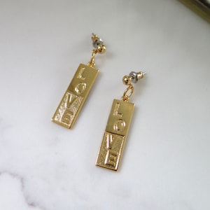 Gold Plated LOVE Letter Earrings  • Vintage Deadstock • 18k • Drop Dangle Small • Valentines Romance • Gift for Girlfriend/Wife • 1980s •