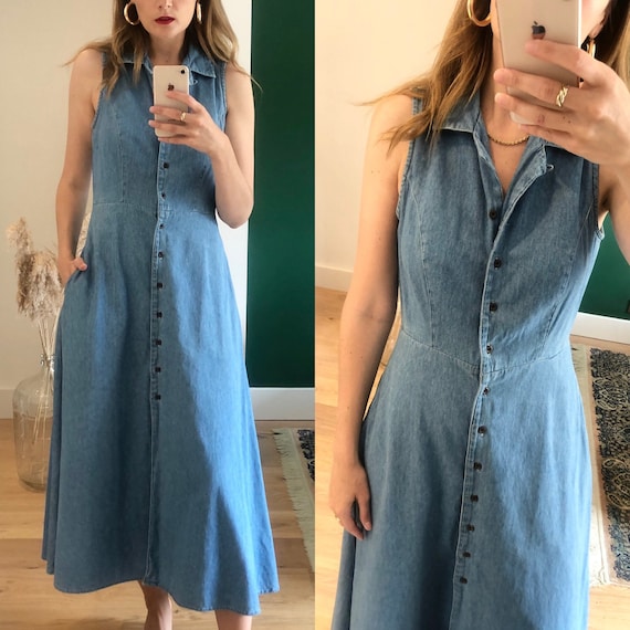Vintage 90s Light Blue Denim Shirt Midi Dress UK 1