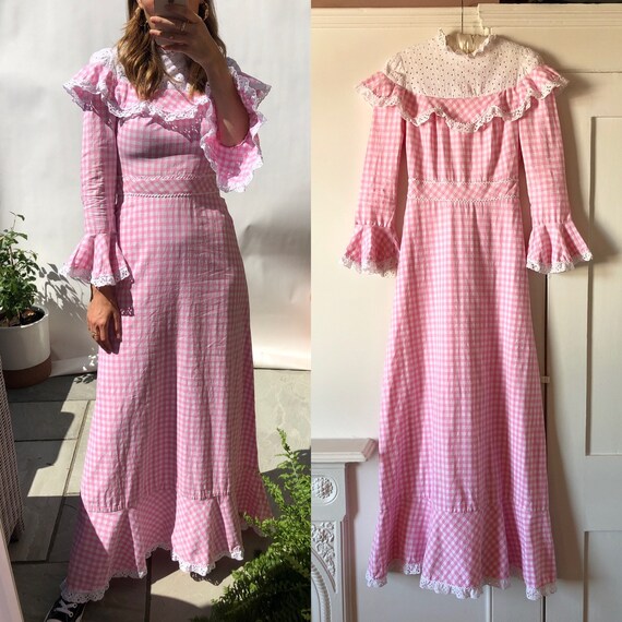 Vintage 70s Pink Gingham Cotton Prairie Maxi Dress