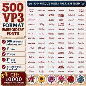 VP3 Embroidery Fonts and Alphabets Bundle 500 Fonts Embroidery Machine VP3 Fonts Set in 1 inch, 2 inch, and 3 inch sizes Embroidery Script