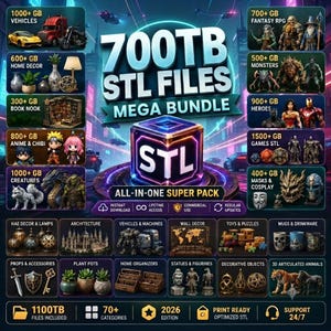 Peut inclure: Un graphique promotionnel numérique pour un méga pack de 700 To de fichiers STL. Le cube central affiche le texte STL. Les panneaux environnants présentent des catégories comme les véhicules, RPG fantastique, décoration et masques.