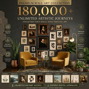 Peut inclure: Une publicité numérique pour une collection d'art mural premium comprenant plus de 180 000 impressions. L'image montre un mur de galerie avec des portraits et de l'art abstrait au-dessus de deux fauteuils jaune moutarde, avec du texte sur les téléchargements.