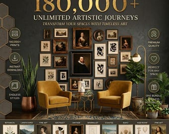 May include: A digital advertisement for a premium wall art collection featuring over 180,000 prints. The image displays a gallery wall of framed portraits and abstract art above two mustard yellow armchairs, with text detailing instant downloads.