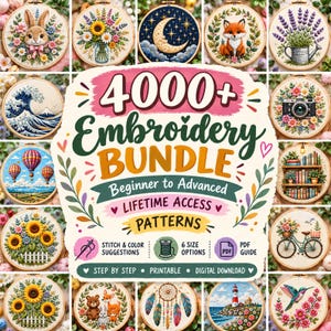 Könnte beinhalten: Eine digitale Sammlung von über 4000 Stickmustern mit einer zentralen Titelkarte, umgeben von verschiedenen kreisförmigen Stickrahmen-Designs, darunter ein Hase, Blumen, ein Mond, ein Fuchs, eine Kamera, Heißluftballons und ein Leuchtturm.