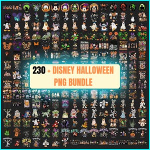 May include: A digital collection of 230+ Disney Halloween PNG files featuring various cartoon characters in costumes, ghost outfits, and seasonal themes. The graphics include pumpkins, bats, and festive text on a dark background.