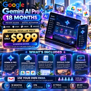 Pode incluir: Um anúncio digital para o Google Gemini AI Pro com um portátil e um smartphone exibindo a interface. O texto inclui 18 MONTHS, SPECIAL RESELLER PRICE $9.99 e WHAT'S INCLUDED, detalhando 5TB de armazenamento, NotebookLM Plus e Google Flow.