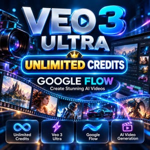 Może przedstawiać: Cyfrowa grafika dla oprogramowania do generowania wideo AI Veo 3 Ultra Google Flow. Tekst brzmi Veo 3 Ultra, Unlimited Credits oraz Google Flow. Zawiera taśmę filmową z różnymi scenami, kamerę oraz cztery świecące na niebiesko ikony.